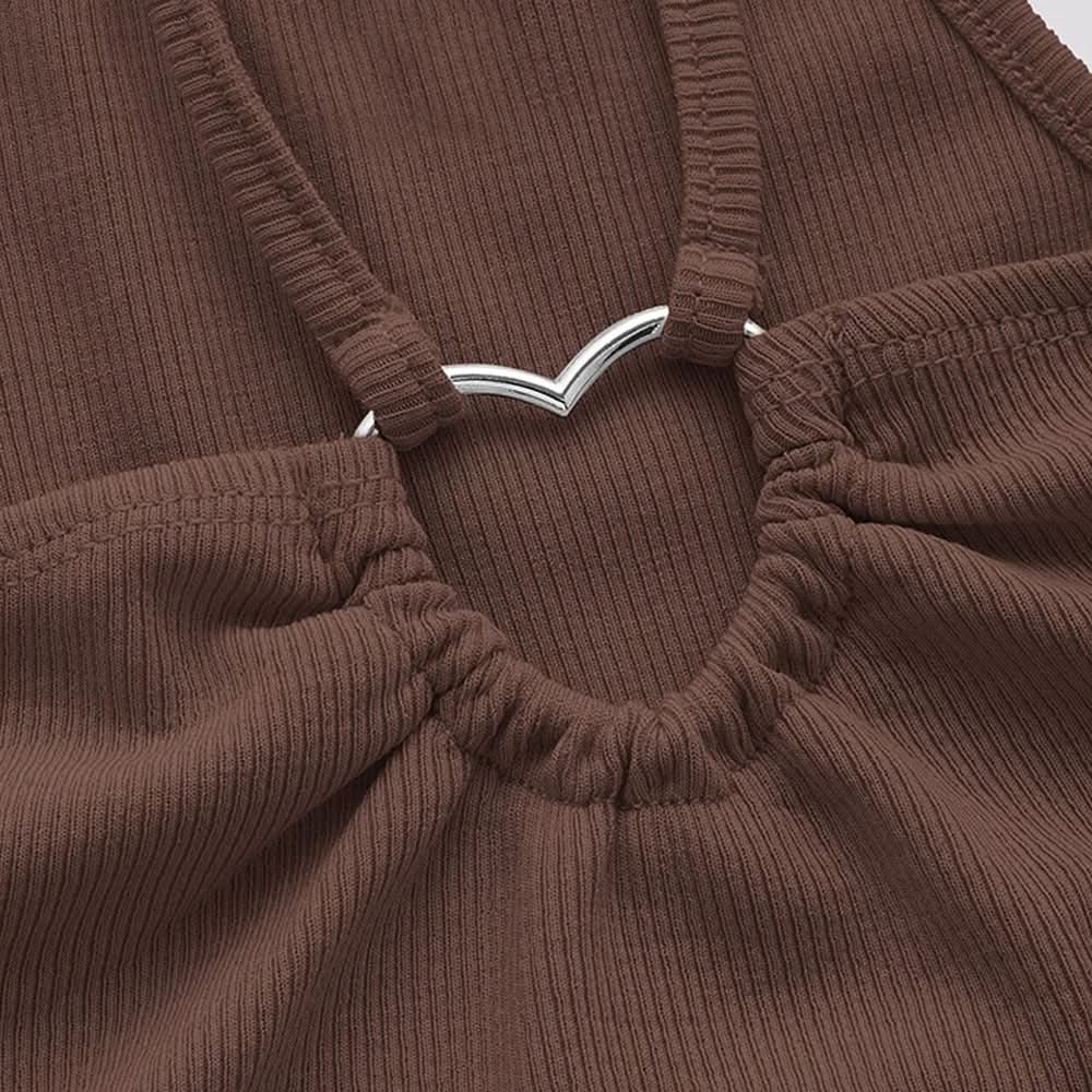 Trendy Black Ribbed Halter Crop Top with Front Ring Detail | Chic Fall Outings & Layering