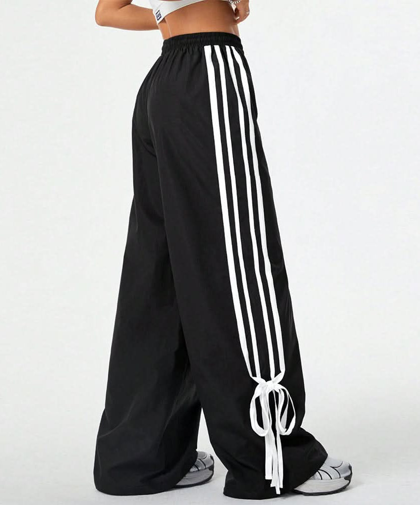 Fall Style Essential: Women's Striped Wide Leg Drawstring Pants with Chic Self-Tie Cuffs