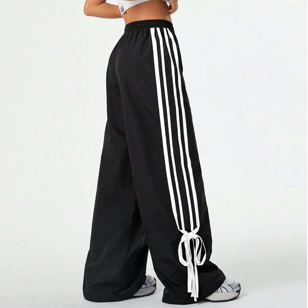 Fall Style Essential: Women's Striped Wide Leg Drawstring Pants with Chic Self-Tie Cuffs