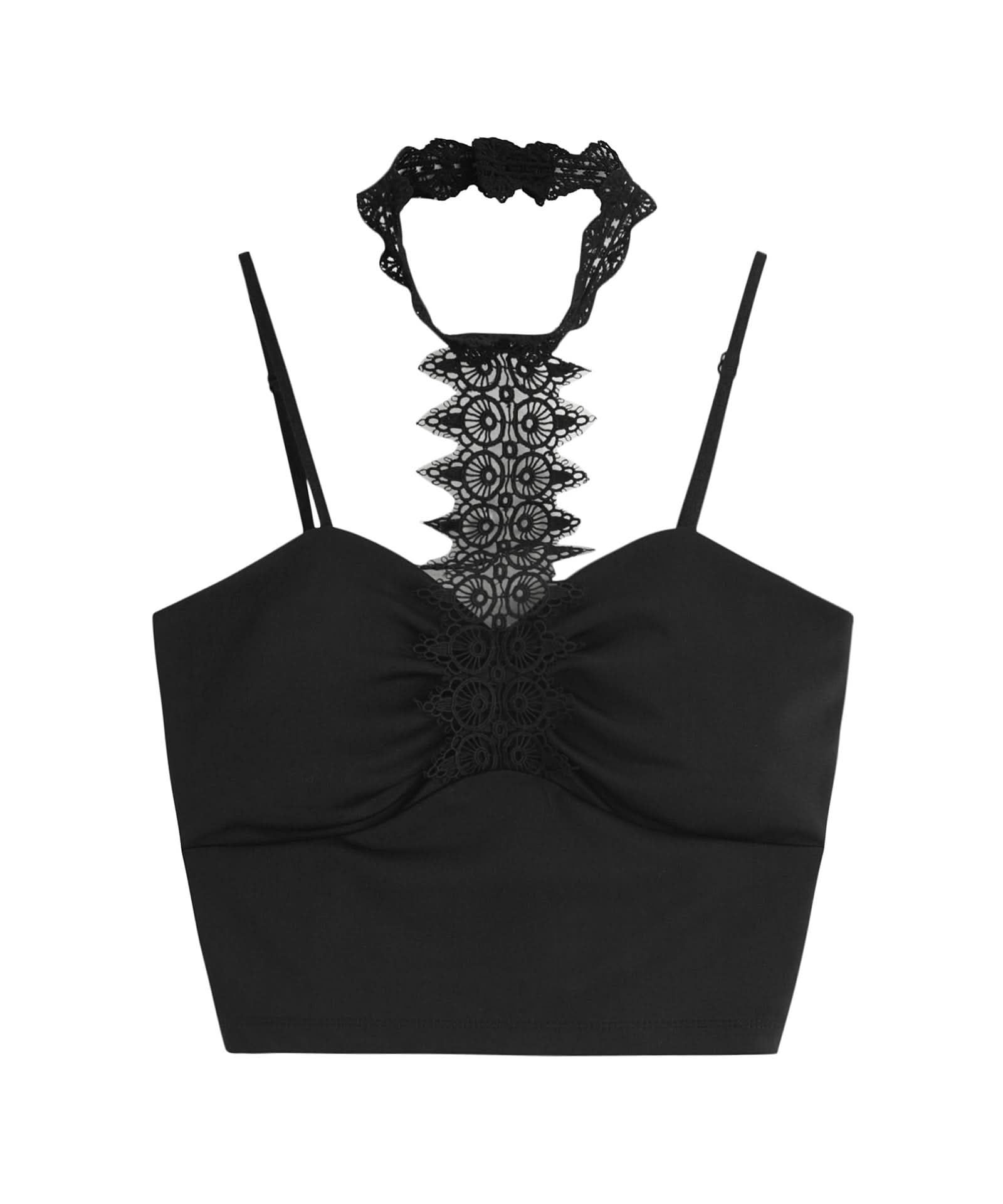 Edgy Black Lace Halter Crop Top - Fall Fashion & Halloween Style