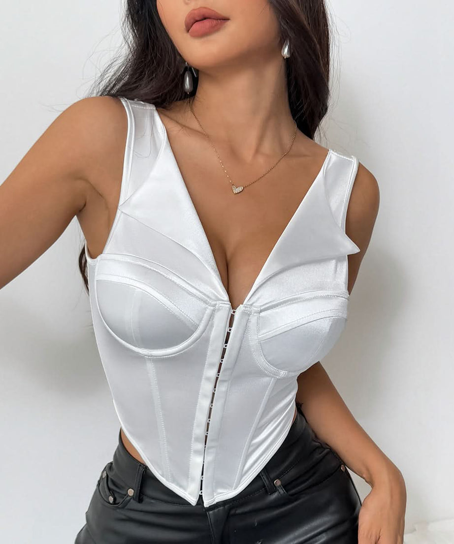 Chic White Satin Corset Top | Deep V Bustier for Fall & Holiday Parties