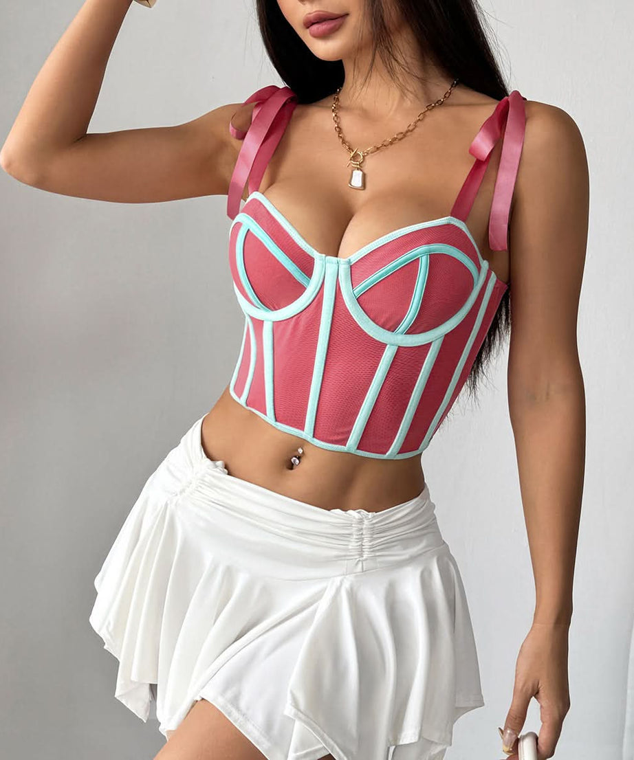 Chic Pastel Blue & Yellow Tie-Strap Bustier Top - Your Fall Party & Night Out Essential