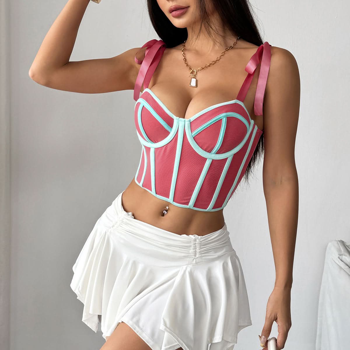 Chic Pastel Blue & Yellow Tie-Strap Bustier Top - Your Fall Party & Night Out Essential