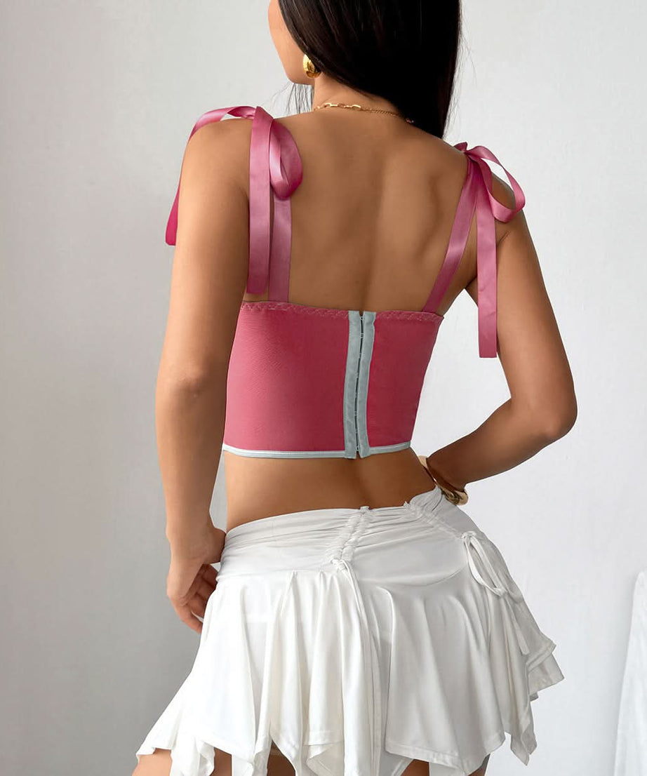 Chic Pastel Blue & Yellow Tie-Strap Bustier Top - Your Fall Party & Night Out Essential