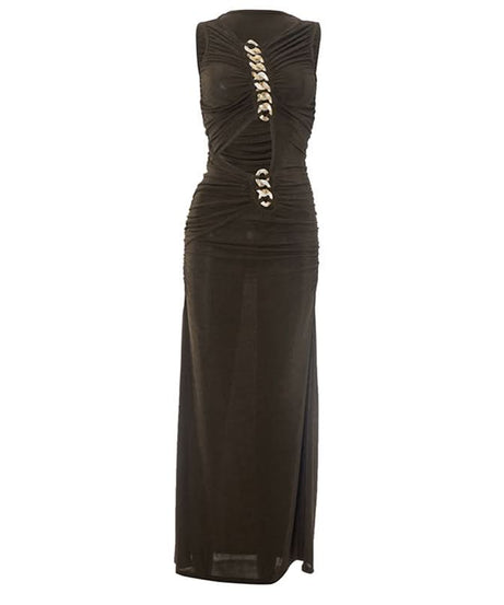 Effortless Glamour: Black Ruched Chain-Link Maxi Dress for Fall & Holiday Nights