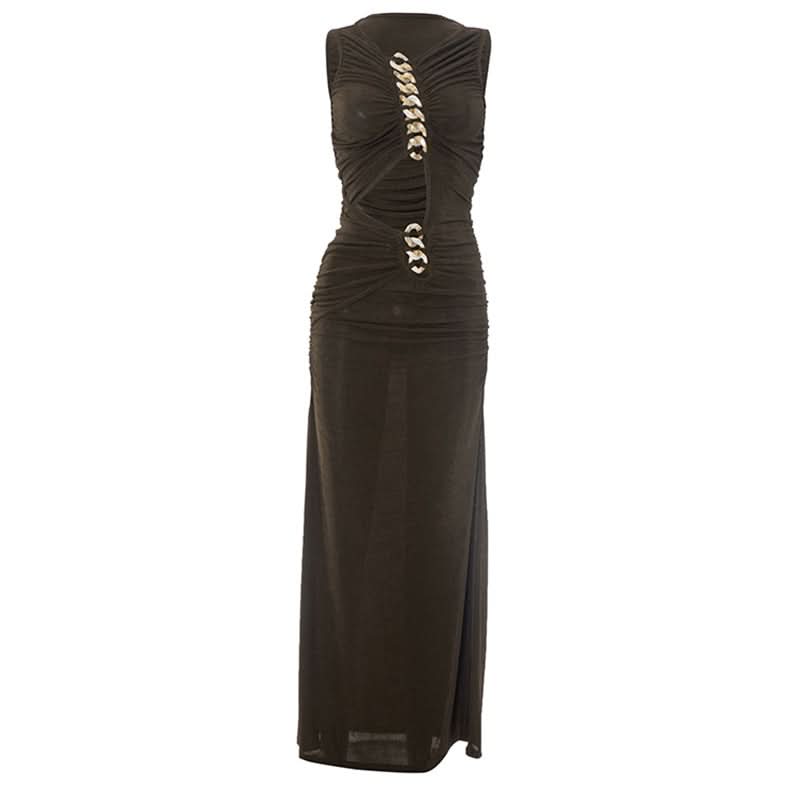 Effortless Glamour: Black Ruched Chain-Link Maxi Dress for Fall & Holiday Nights