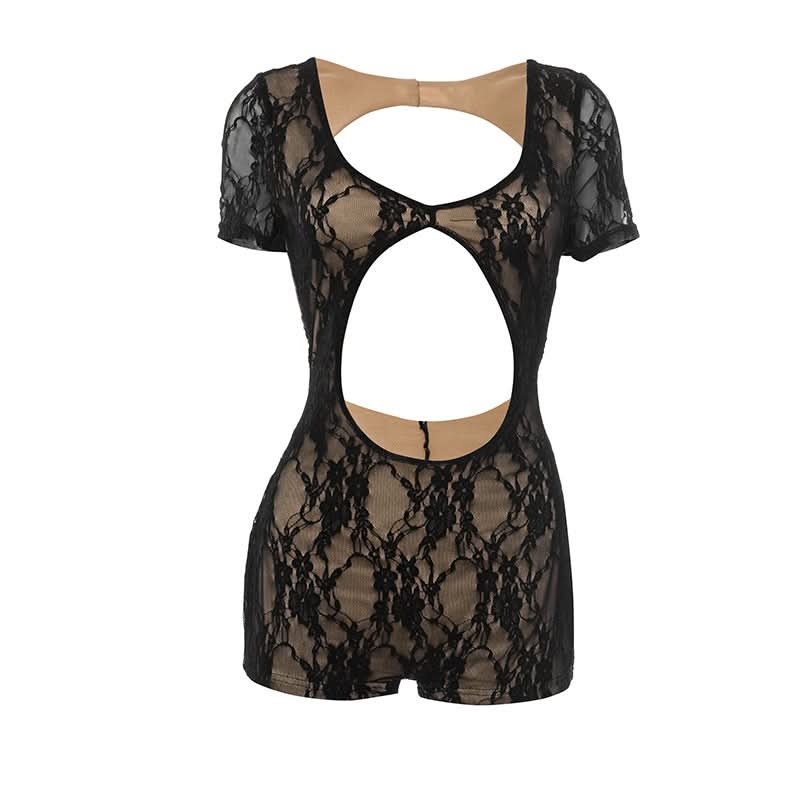 Sultry Black Lace Cutout Romper | Short Sleeve Bodycon Playsuit for Fall & Holiday Nights