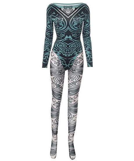 Fall '25 Abstract Wave Print Long Sleeve Jumpsuit - Teal & Black Bodycon Catsuit