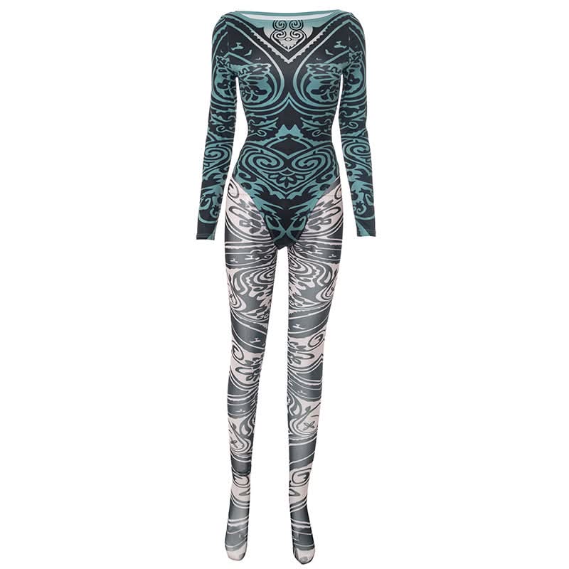 Fall '25 Abstract Wave Print Long Sleeve Jumpsuit - Teal & Black Bodycon Catsuit
