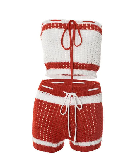 Effortless Escape: Red & White Crochet-Look Striped Tube Top & High-Waisted Shorts Set - Your Go-To for Warm Weather Getaways