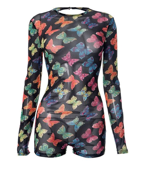 Vibrant Butterfly Sheer Mesh Romper | Long Sleeve Bodycon for Fall Parties, Halloween & Night Outs