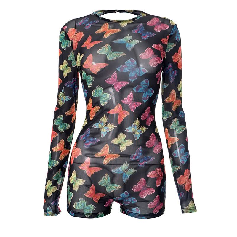 Vibrant Butterfly Sheer Mesh Romper | Long Sleeve Bodycon for Fall Parties, Halloween & Night Outs