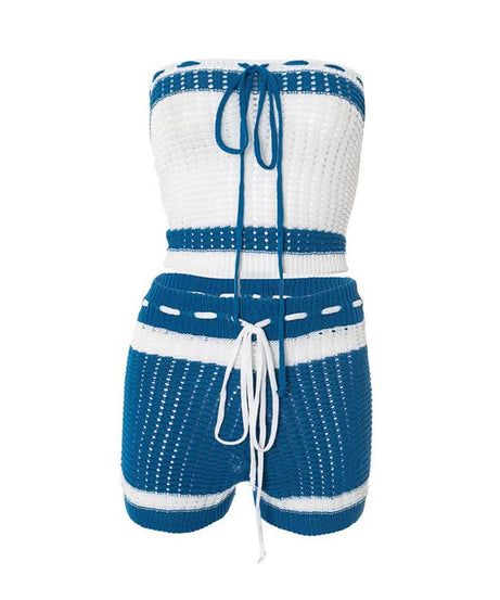 Effortless Escape: Red & White Crochet-Look Striped Tube Top & High-Waisted Shorts Set - Your Go-To for Warm Weather Getaways