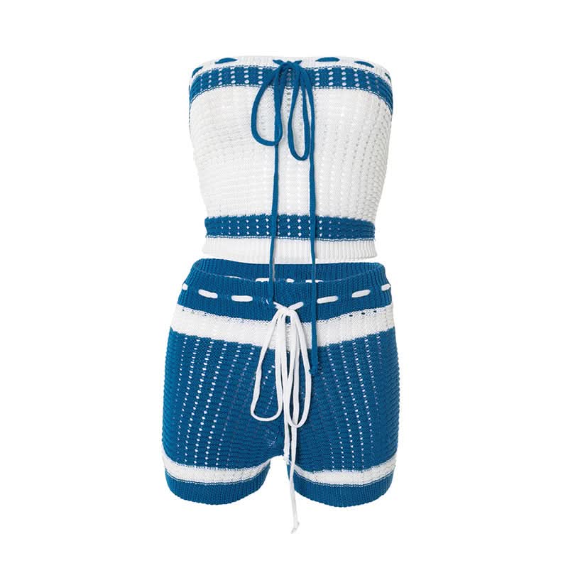 Effortless Escape: Red & White Crochet-Look Striped Tube Top & High-Waisted Shorts Set - Your Go-To for Warm Weather Getaways