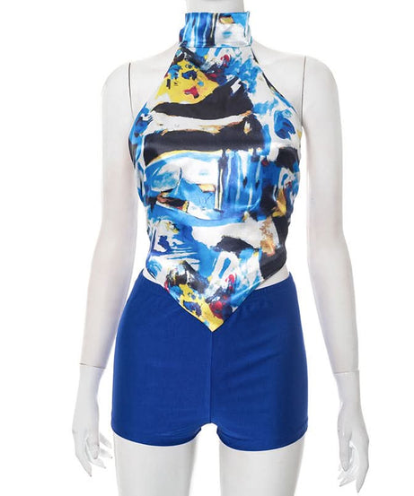 Vibrant Abstract Halter Top & Royal Blue Shorts Set - Your Chic Fall Getaway Essential