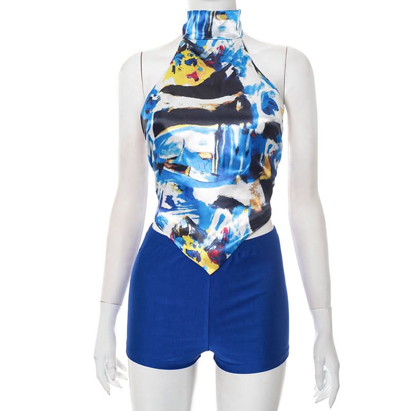 Vibrant Abstract Halter Top & Royal Blue Shorts Set - Your Chic Fall Getaway Essential