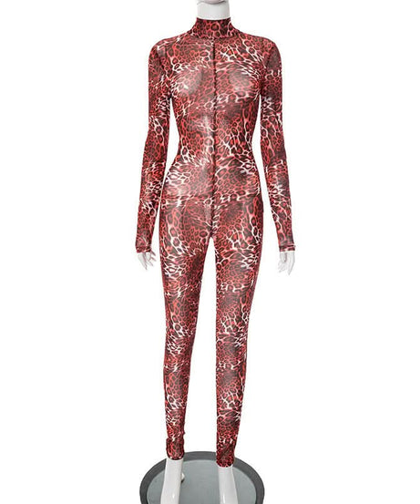 Wild Instincts: Red Leopard Mesh Jumpsuit – High Neck Sheer Bodycon for Fall Parties