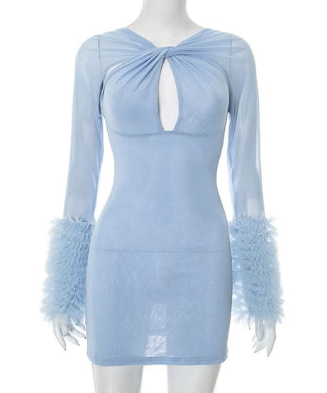 Seductive Black Mesh Cutout Mini Dress with Ruffle Sleeves | Fall & Halloween Party Ready