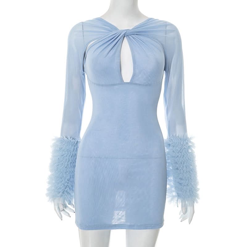 Seductive Black Mesh Cutout Mini Dress with Ruffle Sleeves | Fall & Halloween Party Ready