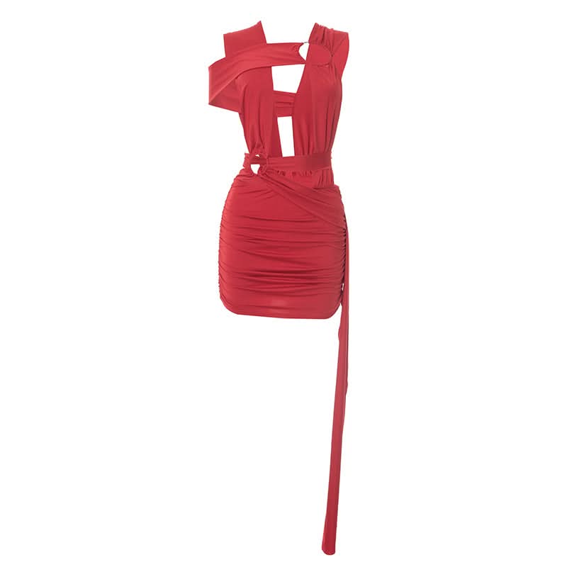 Red Hot Plunge & O-Ring Cutout Ruched Mini Dress - Your Daring Holiday Party & NYE Statement