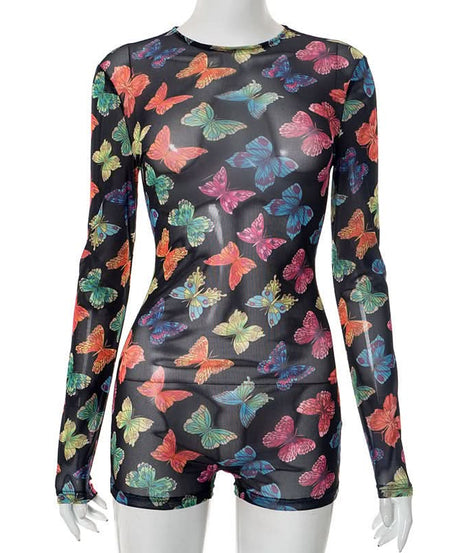 Vibrant Butterfly Sheer Mesh Romper | Long Sleeve Bodycon for Fall Parties, Halloween & Night Outs