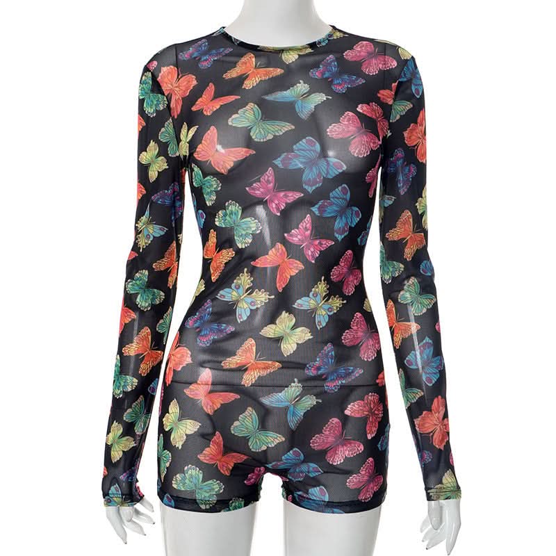 Vibrant Butterfly Sheer Mesh Romper | Long Sleeve Bodycon for Fall Parties, Halloween & Night Outs