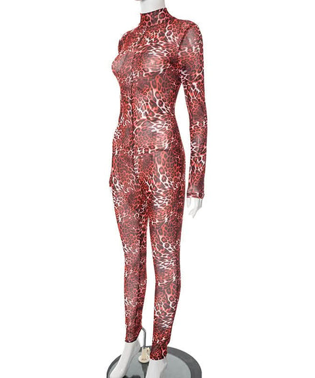 Wild Instincts: Red Leopard Mesh Jumpsuit – High Neck Sheer Bodycon for Fall Parties