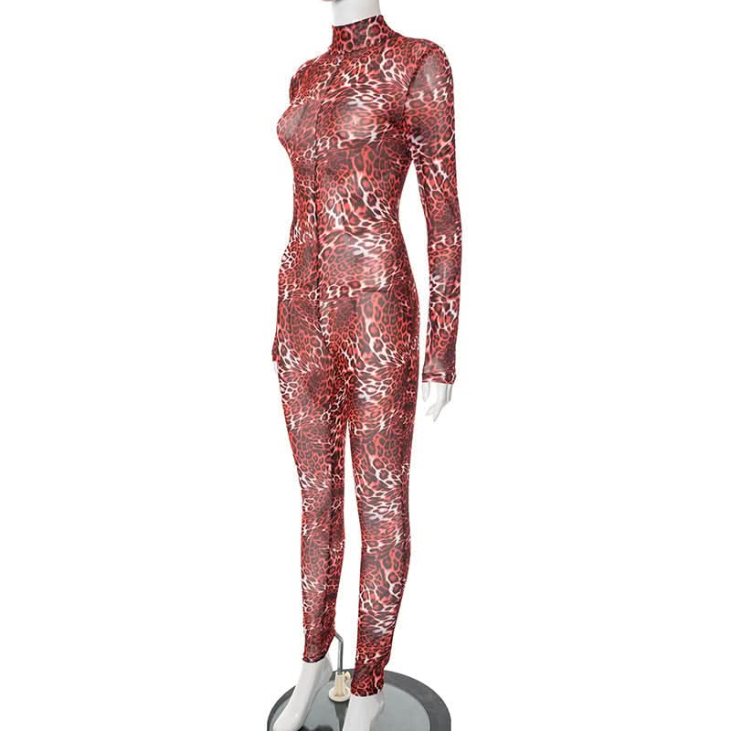Wild Instincts: Red Leopard Mesh Jumpsuit – High Neck Sheer Bodycon for Fall Parties