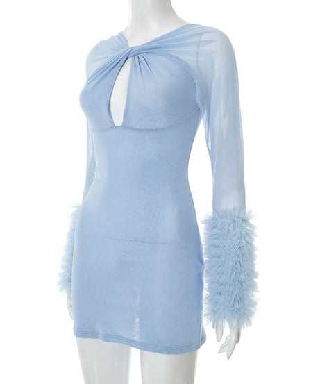 Seductive Black Mesh Cutout Mini Dress with Ruffle Sleeves | Fall & Halloween Party Ready