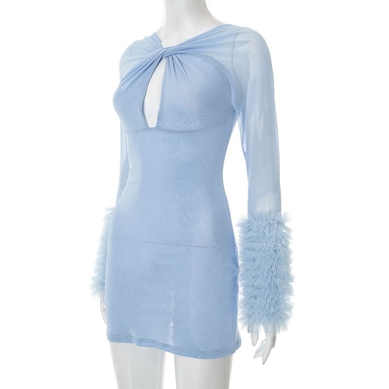 Seductive Black Mesh Cutout Mini Dress with Ruffle Sleeves | Fall & Halloween Party Ready