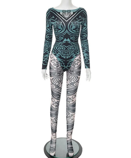 Fall '25 Abstract Wave Print Long Sleeve Jumpsuit - Teal & Black Bodycon Catsuit