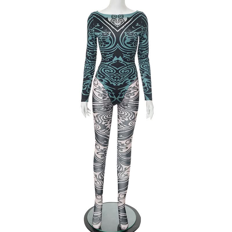 Fall '25 Abstract Wave Print Long Sleeve Jumpsuit - Teal & Black Bodycon Catsuit