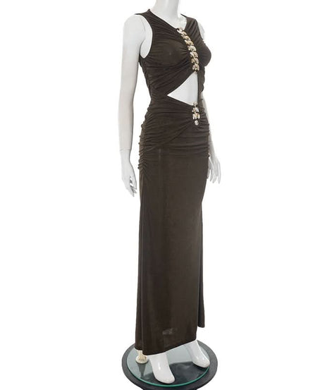 Effortless Glamour: Black Ruched Chain-Link Maxi Dress for Fall & Holiday Nights