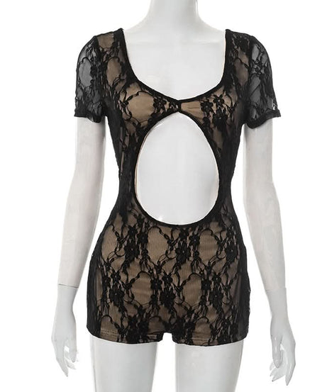 Sultry Black Lace Cutout Romper | Short Sleeve Bodycon Playsuit for Fall & Holiday Nights