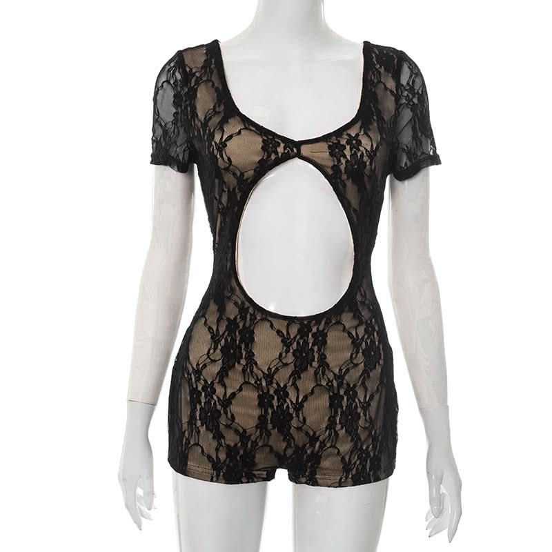 Sultry Black Lace Cutout Romper | Short Sleeve Bodycon Playsuit for Fall & Holiday Nights