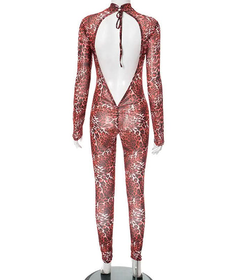 Wild Instincts: Red Leopard Mesh Jumpsuit – High Neck Sheer Bodycon for Fall Parties