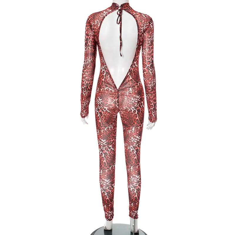 Wild Instincts: Red Leopard Mesh Jumpsuit – High Neck Sheer Bodycon for Fall Parties