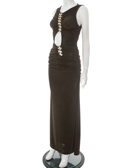 Effortless Glamour: Black Ruched Chain-Link Maxi Dress for Fall & Holiday Nights