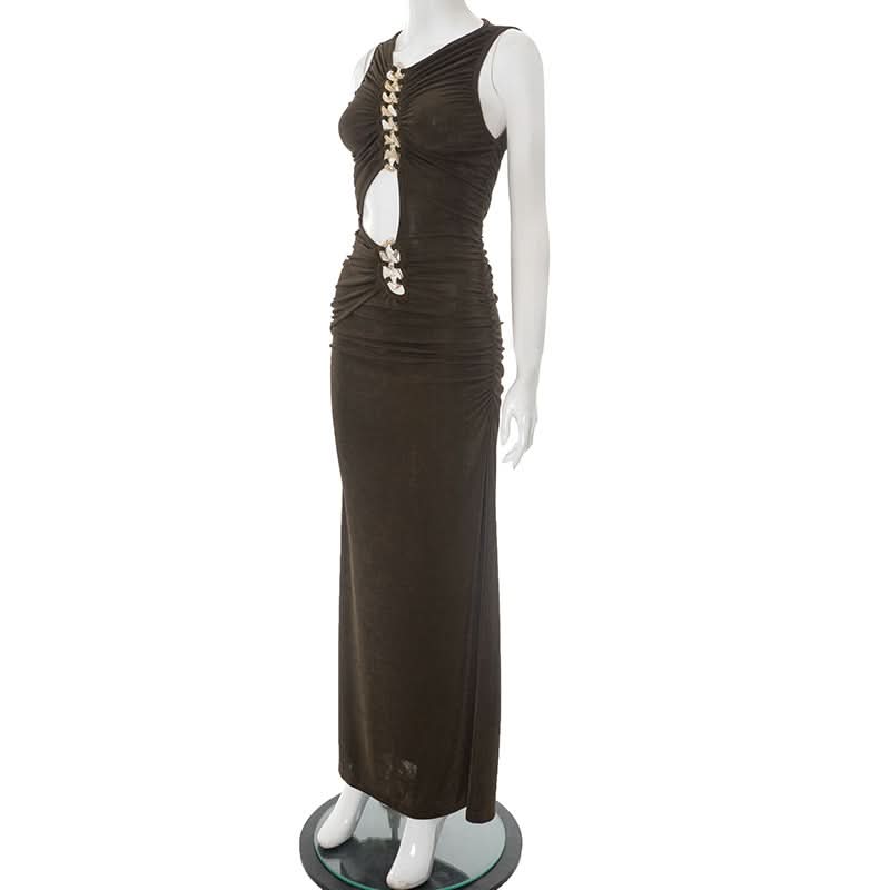 Effortless Glamour: Black Ruched Chain-Link Maxi Dress for Fall & Holiday Nights