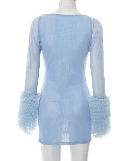 Seductive Black Mesh Cutout Mini Dress with Ruffle Sleeves | Fall & Halloween Party Ready