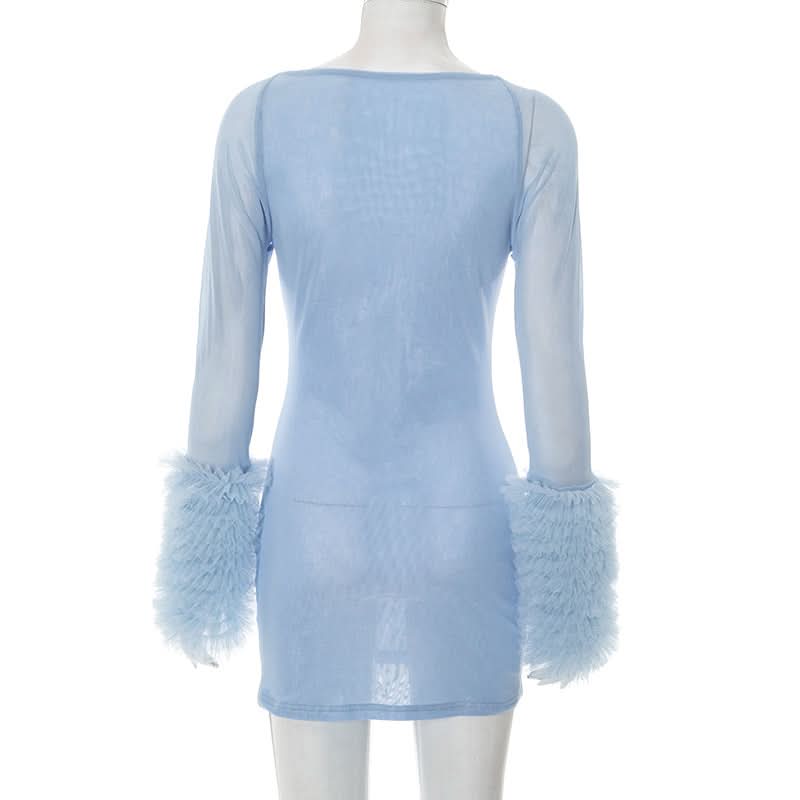 Seductive Black Mesh Cutout Mini Dress with Ruffle Sleeves | Fall & Halloween Party Ready