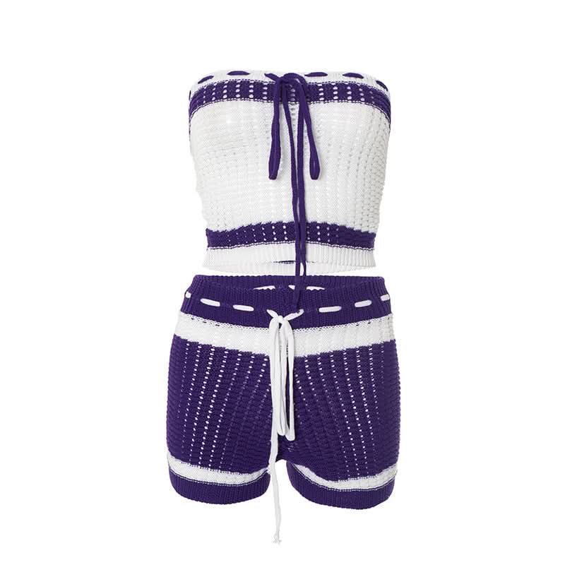 Effortless Escape: Red & White Crochet-Look Striped Tube Top & High-Waisted Shorts Set - Your Go-To for Warm Weather Getaways