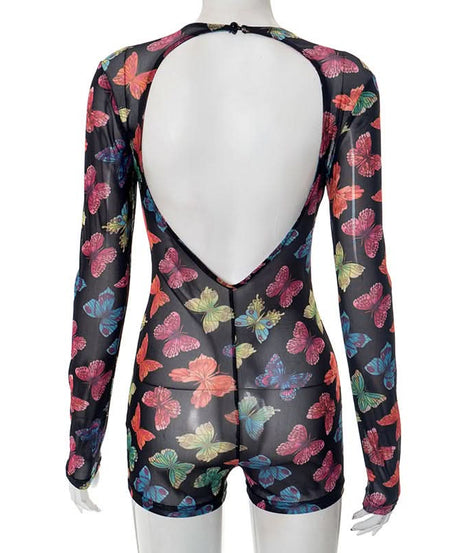 Vibrant Butterfly Sheer Mesh Romper | Long Sleeve Bodycon for Fall Parties, Halloween & Night Outs