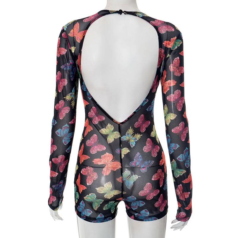 Vibrant Butterfly Sheer Mesh Romper | Long Sleeve Bodycon for Fall Parties, Halloween & Night Outs