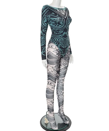 Fall '25 Abstract Wave Print Long Sleeve Jumpsuit - Teal & Black Bodycon Catsuit