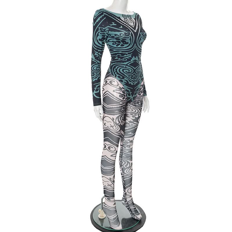 Fall '25 Abstract Wave Print Long Sleeve Jumpsuit - Teal & Black Bodycon Catsuit