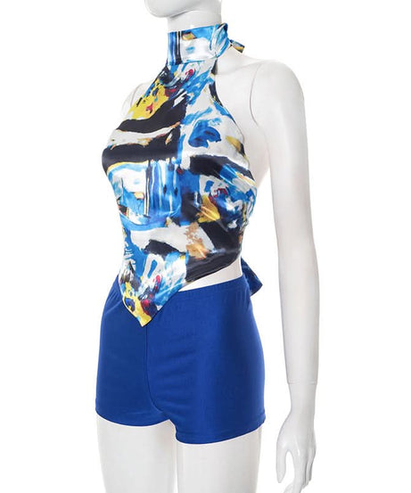 Vibrant Abstract Halter Top & Royal Blue Shorts Set - Your Chic Fall Getaway Essential