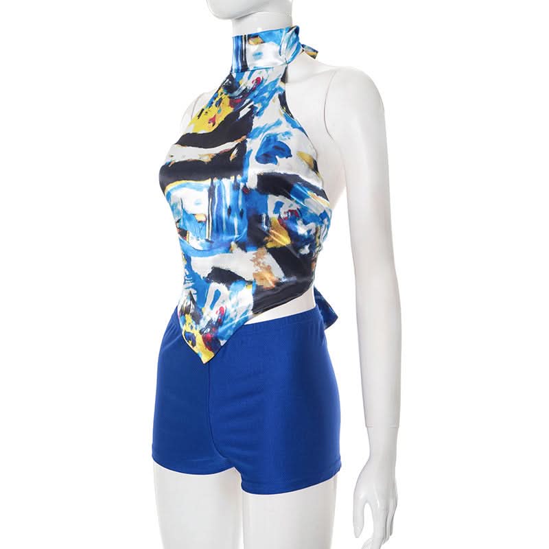 Vibrant Abstract Halter Top & Royal Blue Shorts Set - Your Chic Fall Getaway Essential