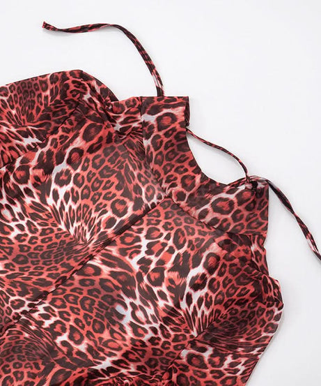 Wild Instincts: Red Leopard Mesh Jumpsuit – High Neck Sheer Bodycon for Fall Parties