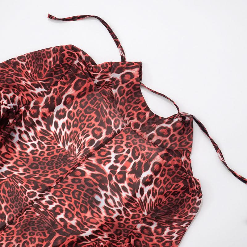 Wild Instincts: Red Leopard Mesh Jumpsuit – High Neck Sheer Bodycon for Fall Parties